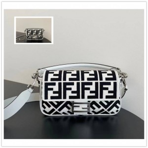 FENDI 8BS017/8BR600 Baguette Black and White Embroidered Canvas Handbag