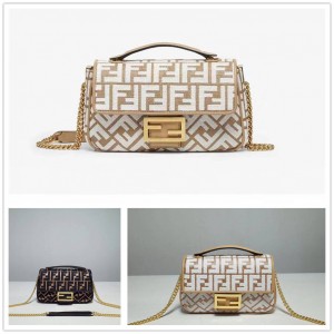 FENDI 8BR793 Lafite Woven Baguette Medium Chain Handbag