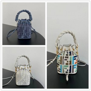 FENDI 8BS010 Woven Handle Mon Tresor Small Embroidered Bucket Bag