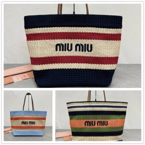 MIUMIU 5BG228 Lafite Grass Woven Shopping Bag Tote Bag