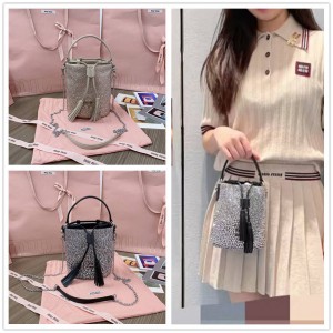 MIUMIU 5BE085 Crystal Diamond Small Tassel Bucket Bag