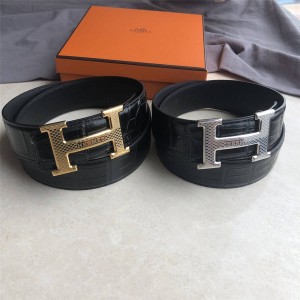Hermes men's H belt buckle & crocodile pattern double-sided leather belt 38mm