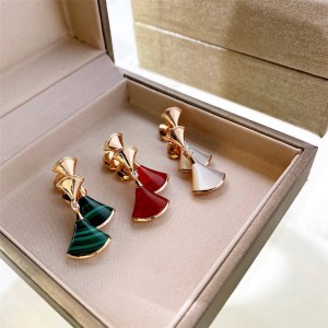 BVLGARI DREAM white mother-of-pearl, red jade and malachite scalloped earrings